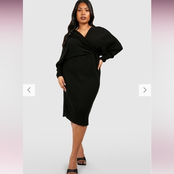 BooHoo black ribbed crossed long sleeves knit midi dress Sz 12 new - Picture 1 of 11